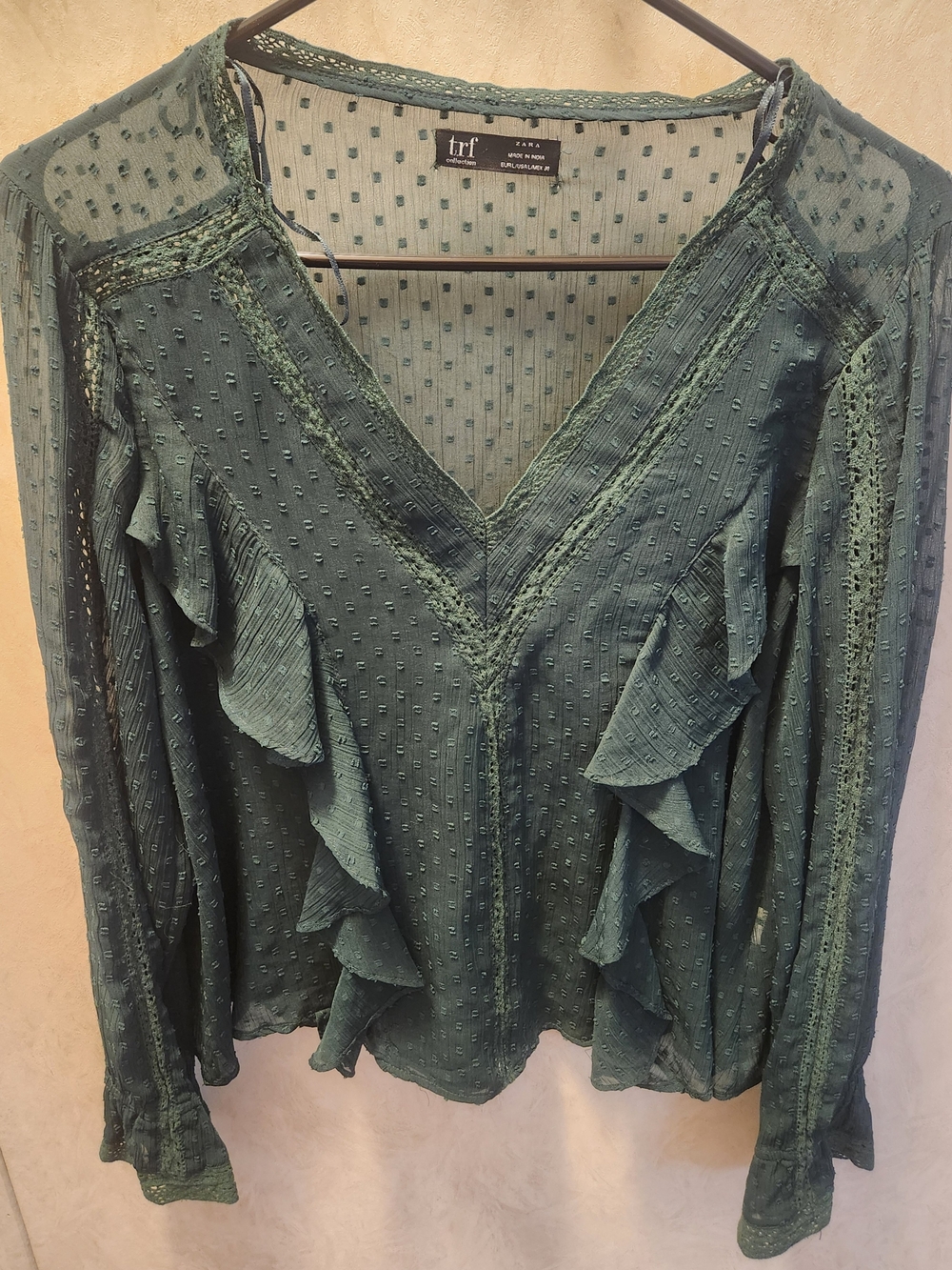 Zara Green Ruffle V-Neck Sheer Blouse